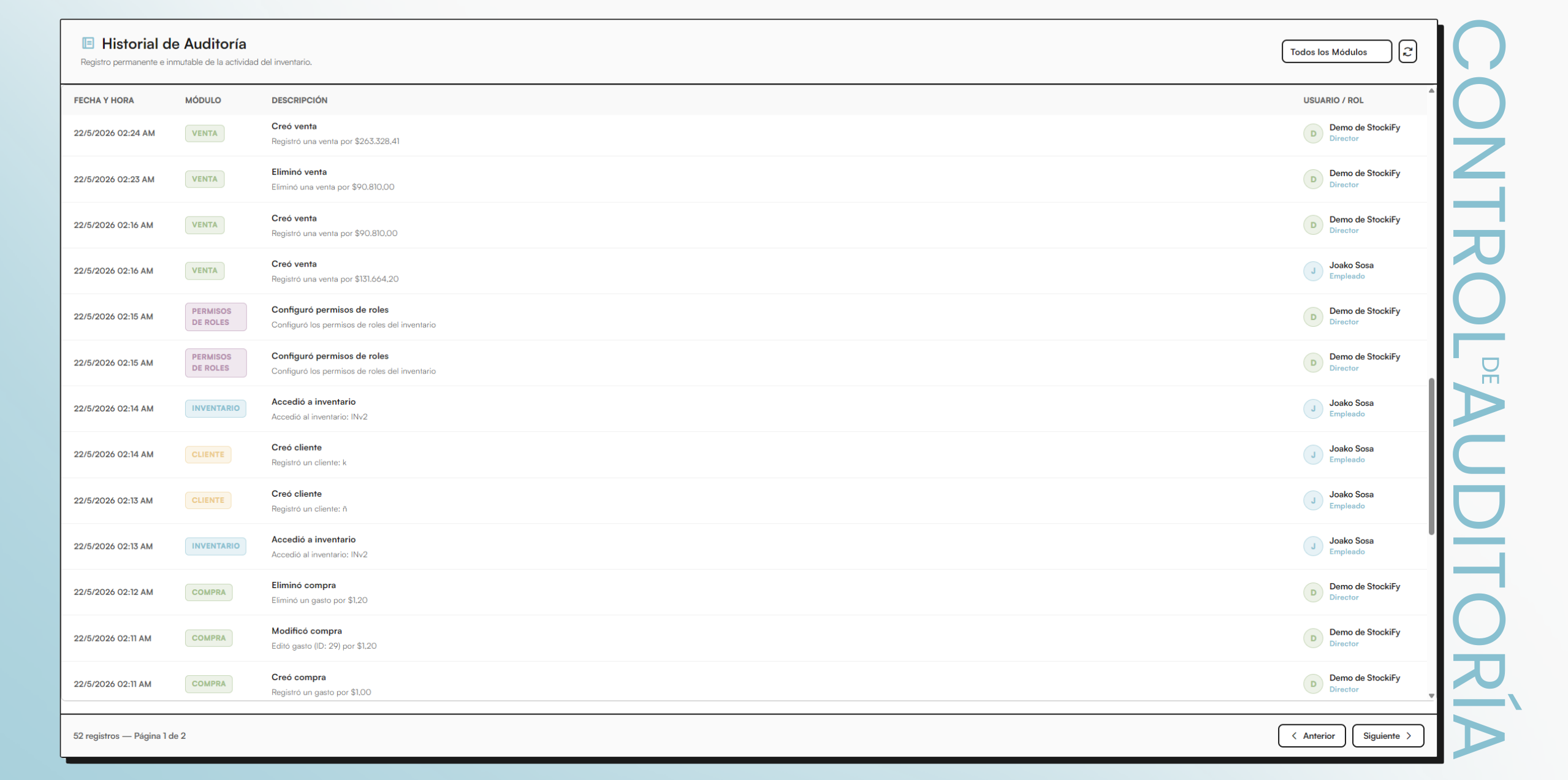 Control de Auditoría e historial de actividad